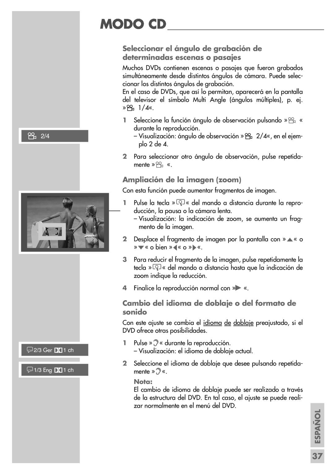 Grundig DR 5400 DD manual Ampliación de la imagen zoom, n2/4, Español 