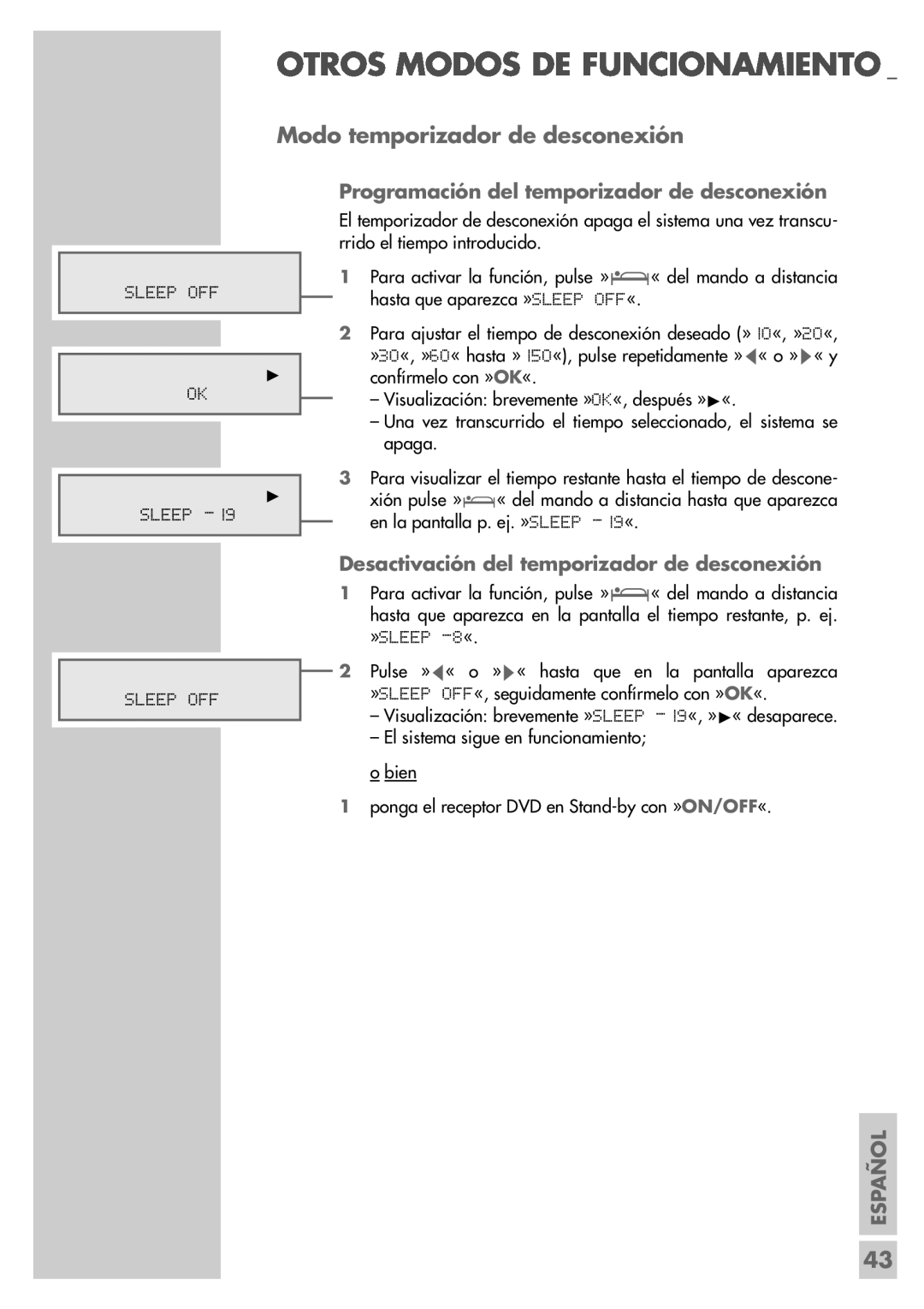 Grundig DR 5400 DD manual Modo temporizador de desconexión, Programación del temporizador de desconexión, Español 