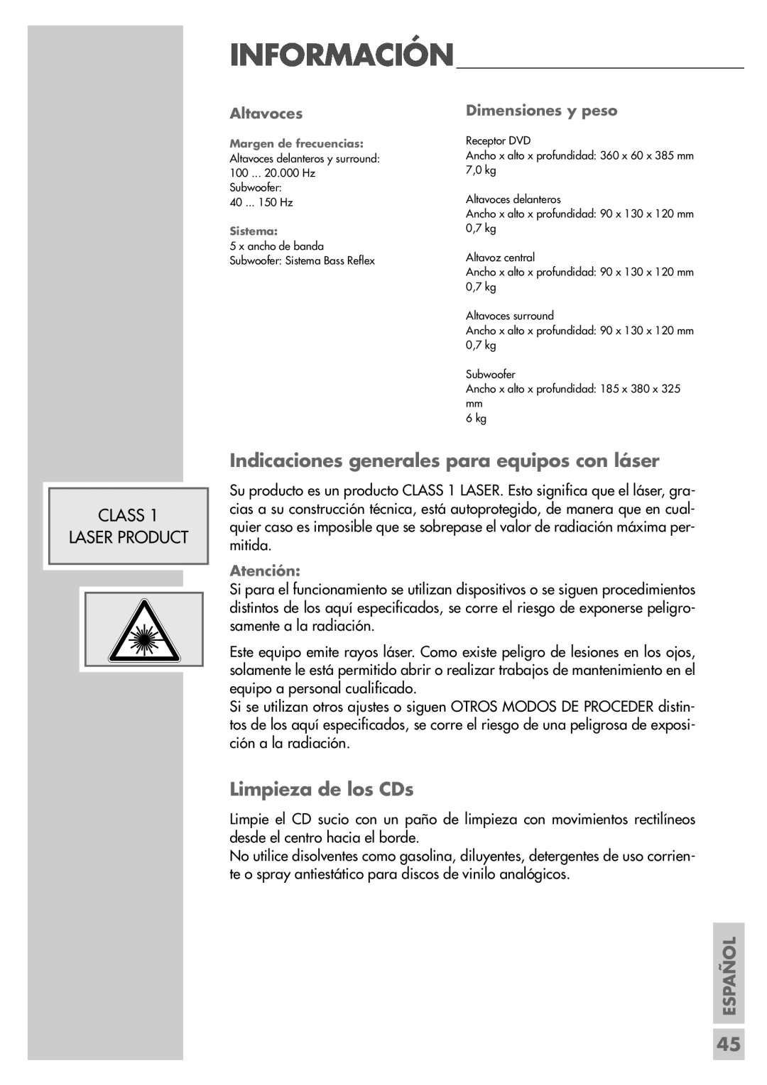 Grundig DR 5400 DD manual Indicaciones generales para equipos con láser, Limpieza de los CDs, Class Laser Product, Español 