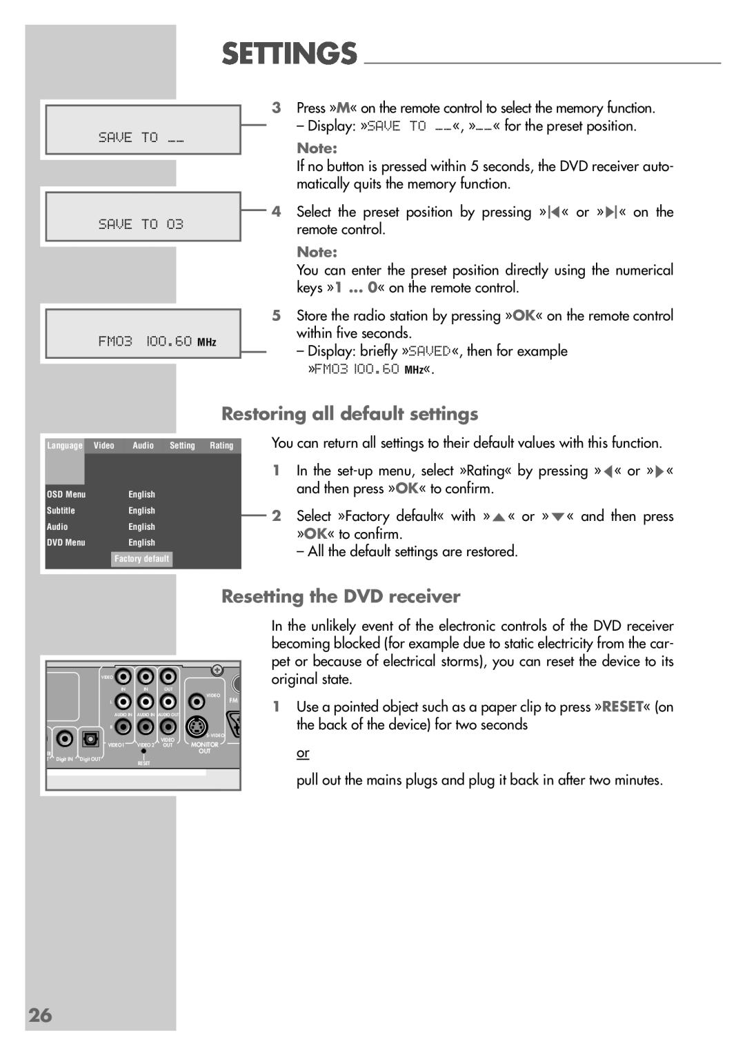 Grundig DR 5400 DD manual Restoring all default settings, Resetting the DVD receiver 