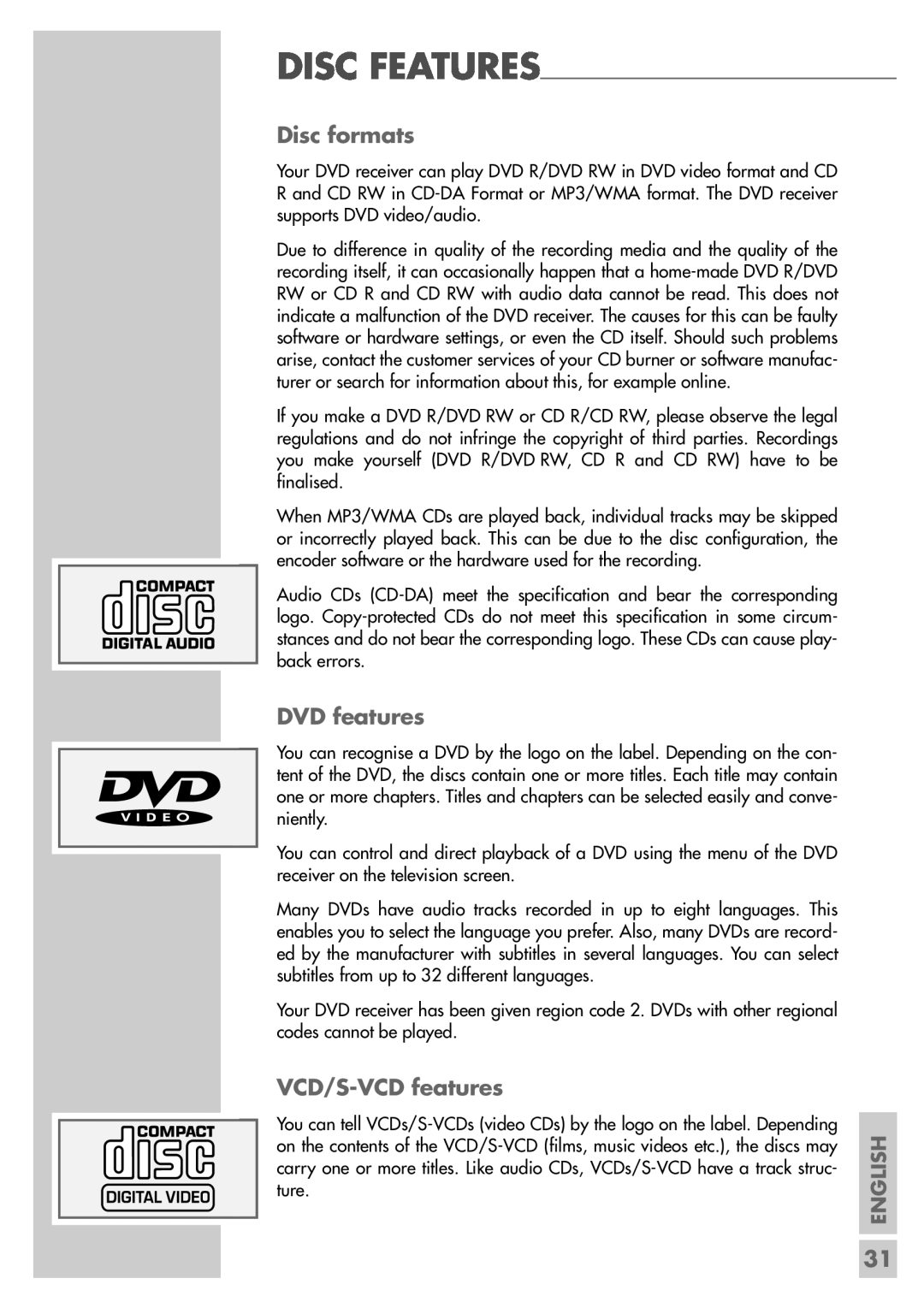Grundig DR 5400 DD manual Disc formats, DVD features, VCD/S-VCDfeatures, English 