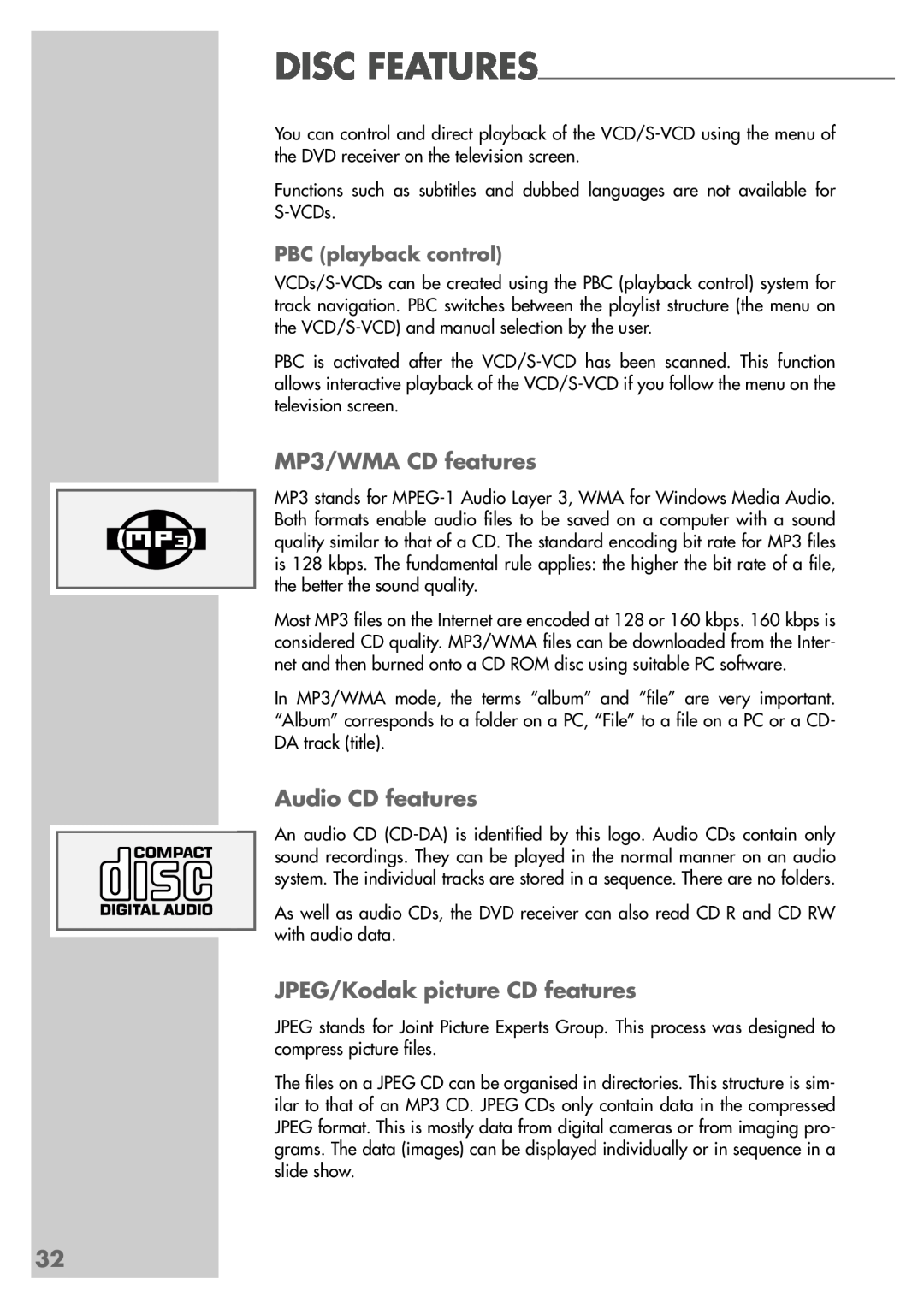 Grundig DR 5400 DD manual MP3/WMA CD features, Audio CD features, JPEG/Kodak picture CD features, PBC playback control 
