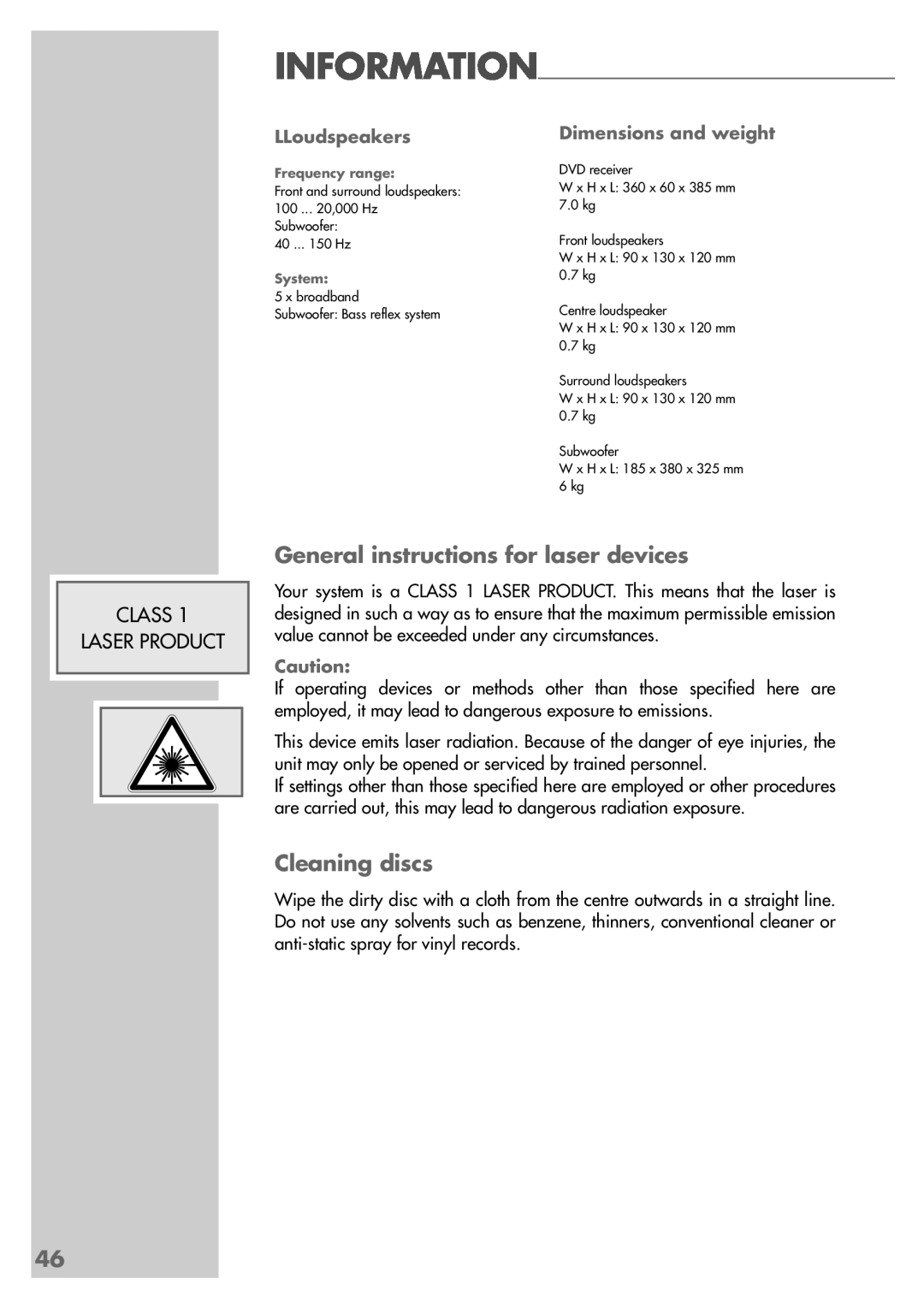 Grundig DR 5400 DD manual General instructions for laser devices, Cleaning discs, Information, Class Laser Product 