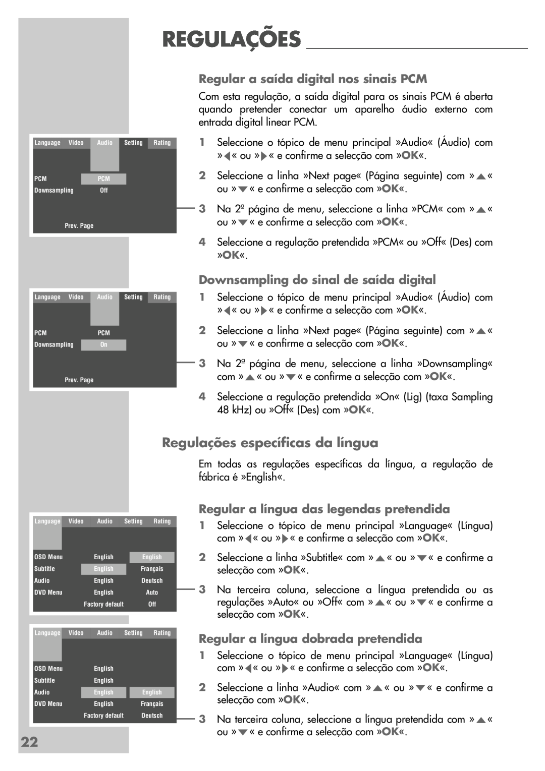 Grundig DR 5400 DD manual Regulações específicas da língua, Regular a saída digital nos sinais PCM 
