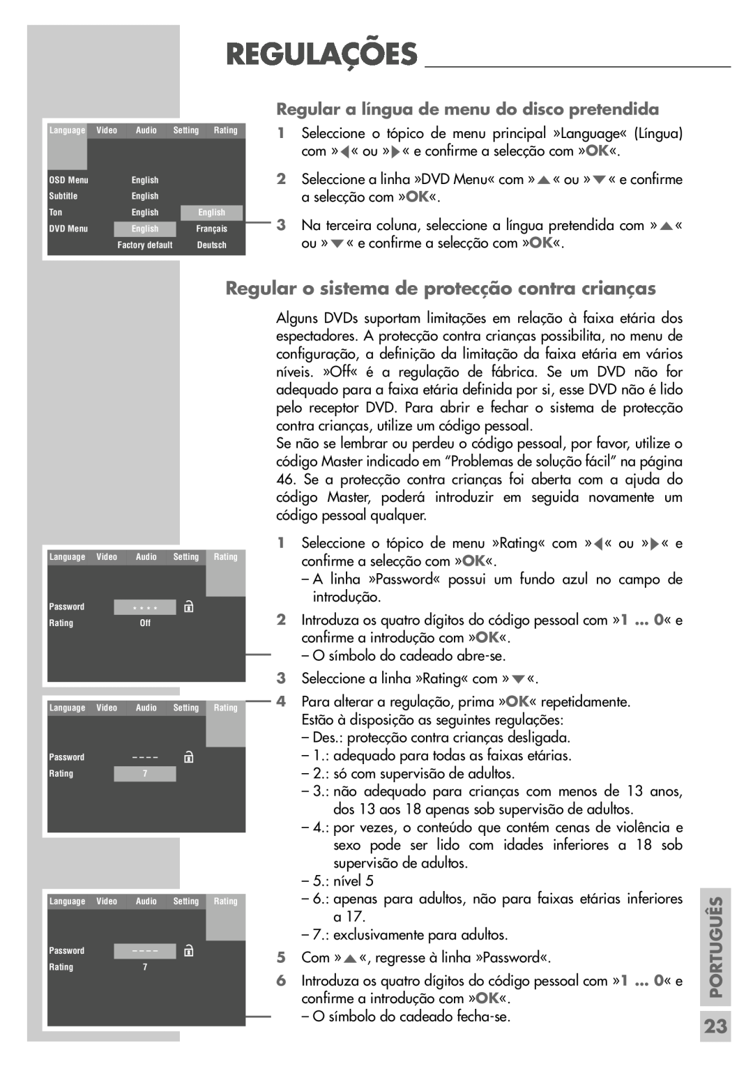 Grundig DR 5400 DD Regular o sistema de protecção contra crianças, Regular a língua de menu do disco pretendida, Português 