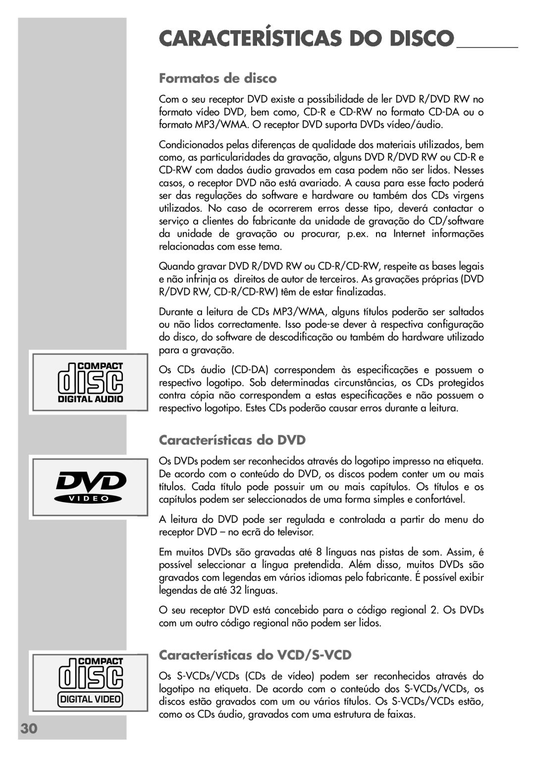 Grundig DR 5400 DD manual Características Do Disco, Formatos de disco, Características do DVD, Características do VCD/S-VCD 