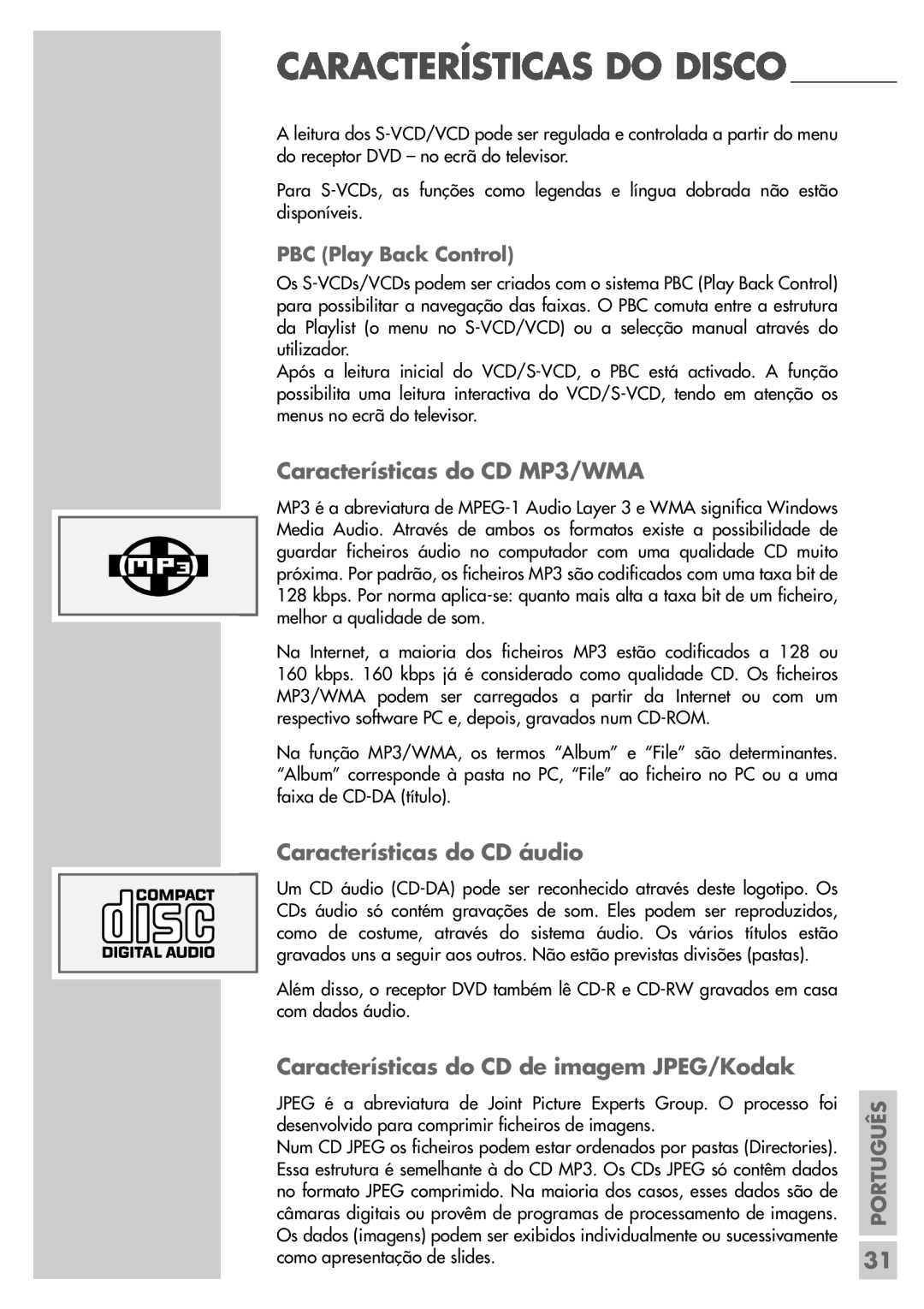 Grundig DR 5400 DD Características do CD MP3/WMA, Características do CD áudio, Características do CD de imagem JPEG/Kodak 