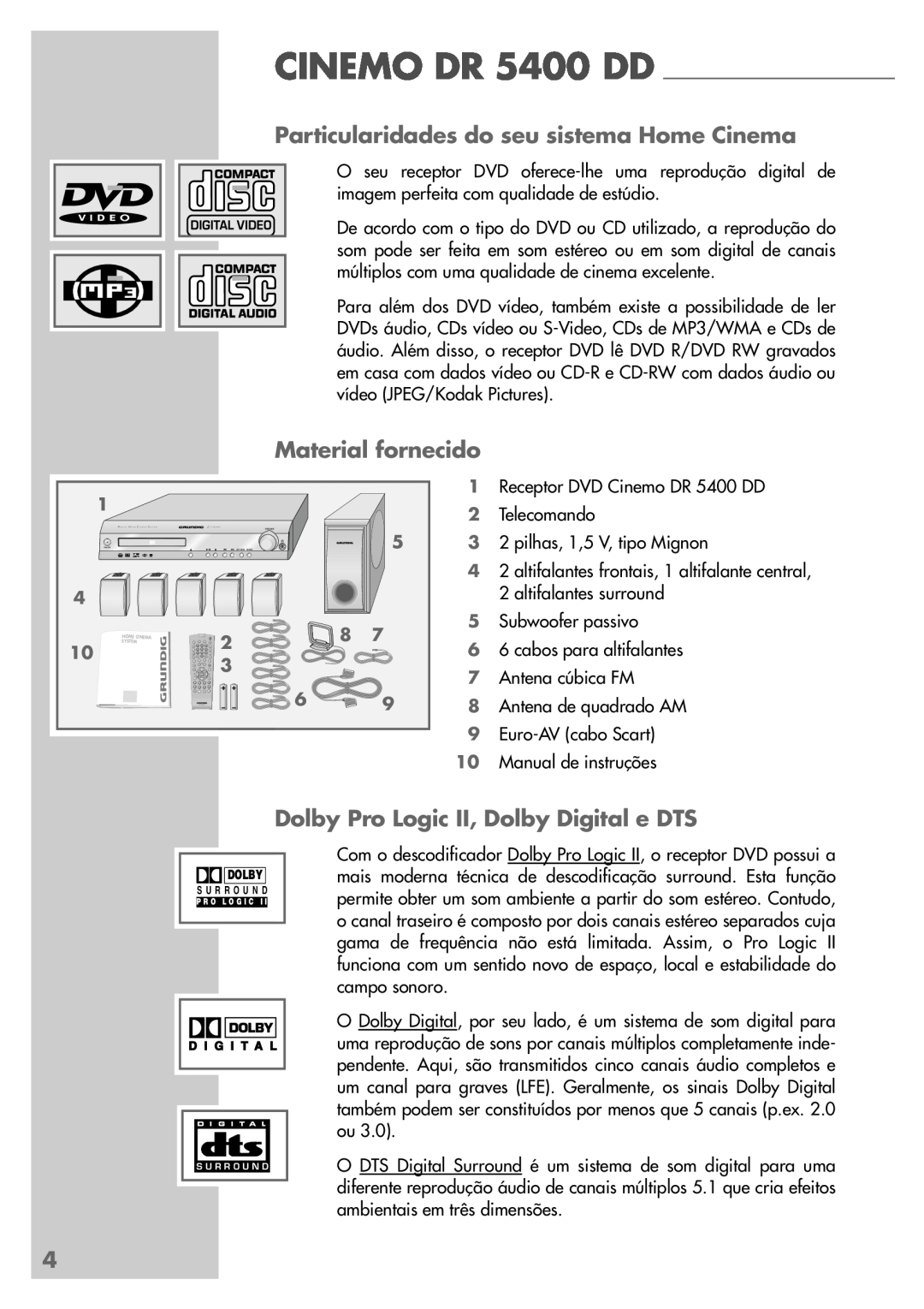 Grundig manual Particularidades do seu sistema Home Cinema, Material fornecido, CINEMO DR 5400 DD 