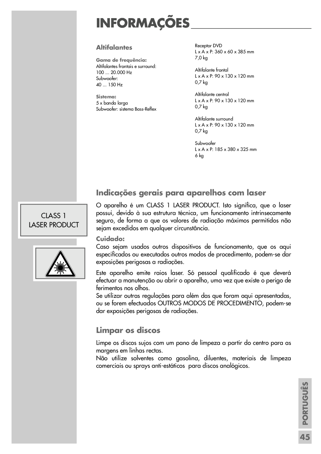 Grundig DR 5400 DD manual Indicações gerais para aparelhos com laser, Limpar os discos, Informações, Class Laser Product 
