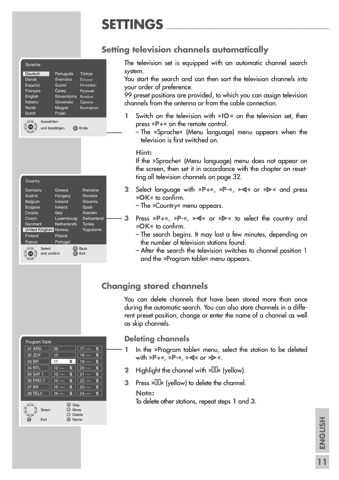 Grundig Elegance 40 LXW 102-8616 Dolby Setting television channels automatically, Changing stored channels, Settings, Hint 