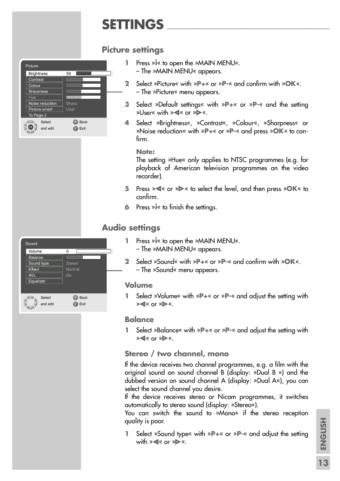 Grundig Elegance 40 LXW 102-8616 Dolby manual Picture settings, Audio settings, Volume, Balance, Stereo / two channel, mono 