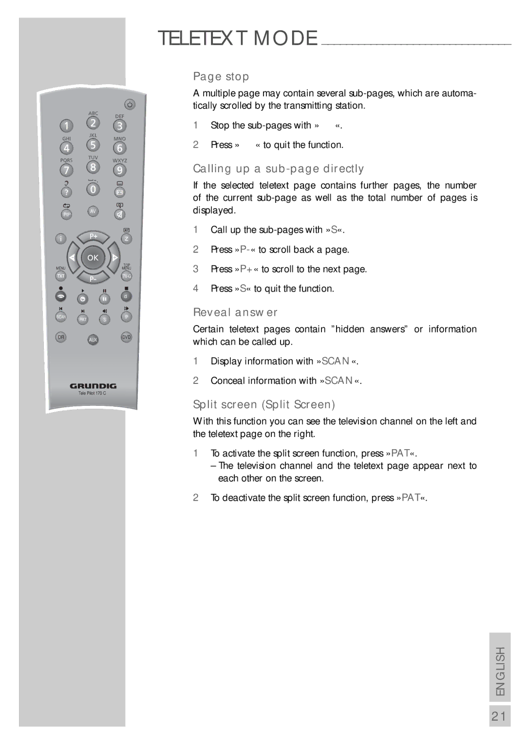 Grundig Elegance 40 LXW 102-8616 Dolby Stop, Calling up a sub-page directly, Reveal answer, Split screen Split Screen 