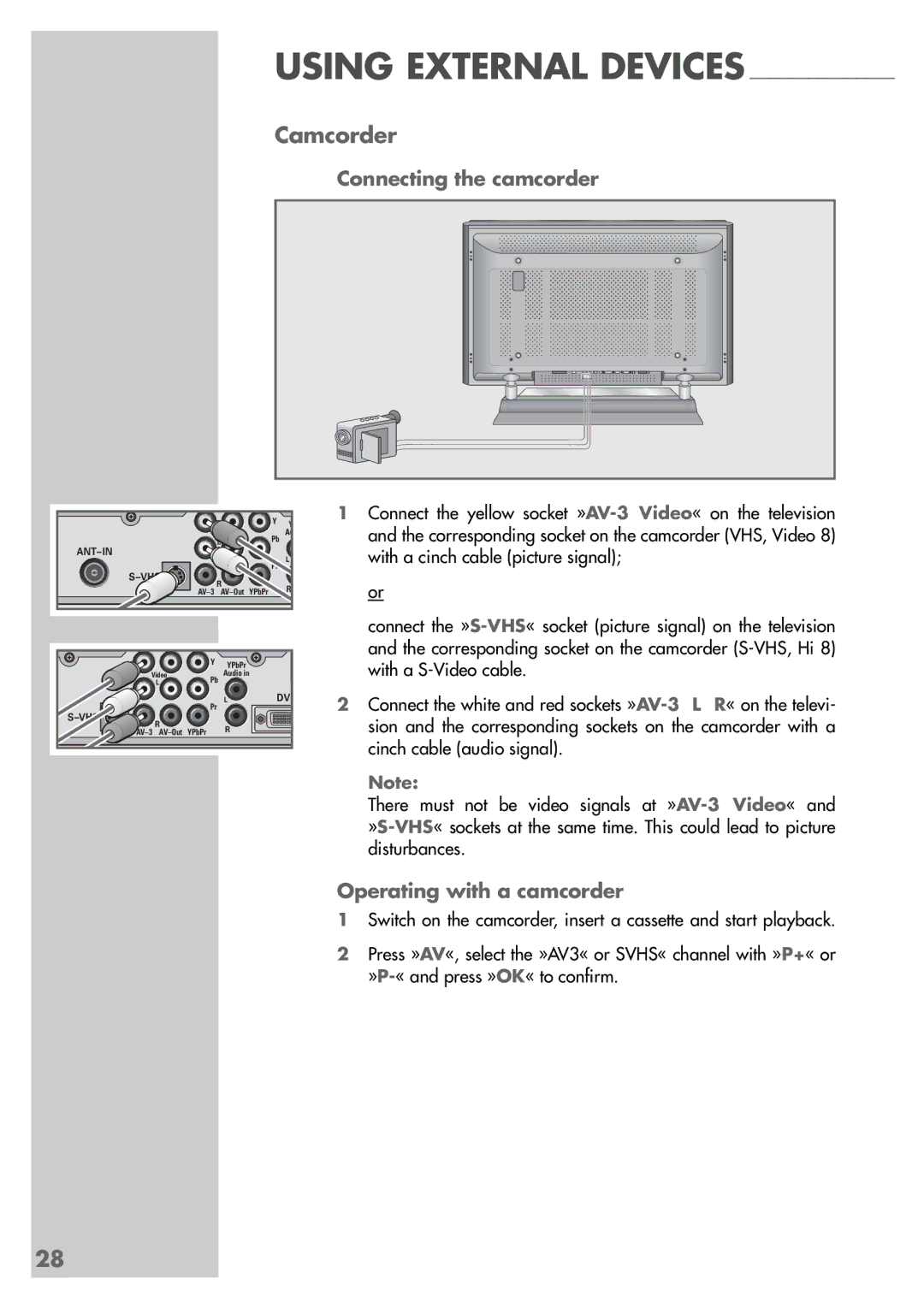 Grundig Elegance 37 LXW 94-8616 Dolby manual Camcorder, Connecting the camcorder, Operating with a camcorder 