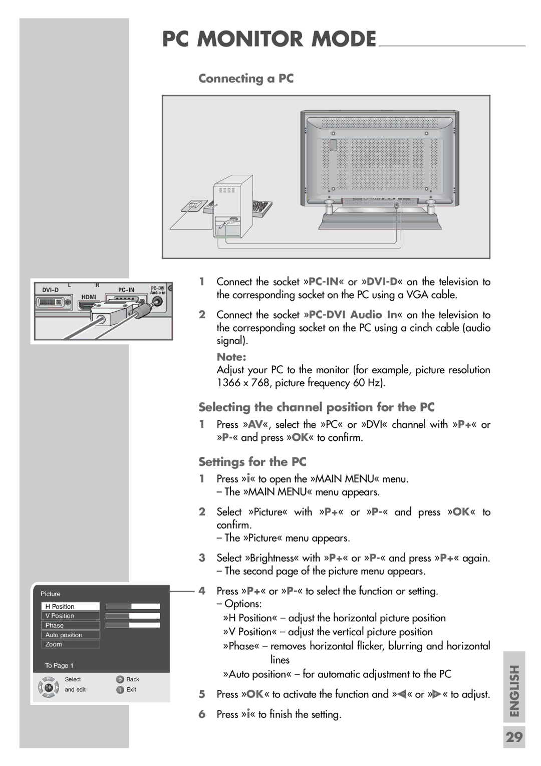 Grundig Elegance 40 LXW 102-8616 Dolby manual PC Monitor Mode Connecting a PC, Selecting the channel position for the PC 