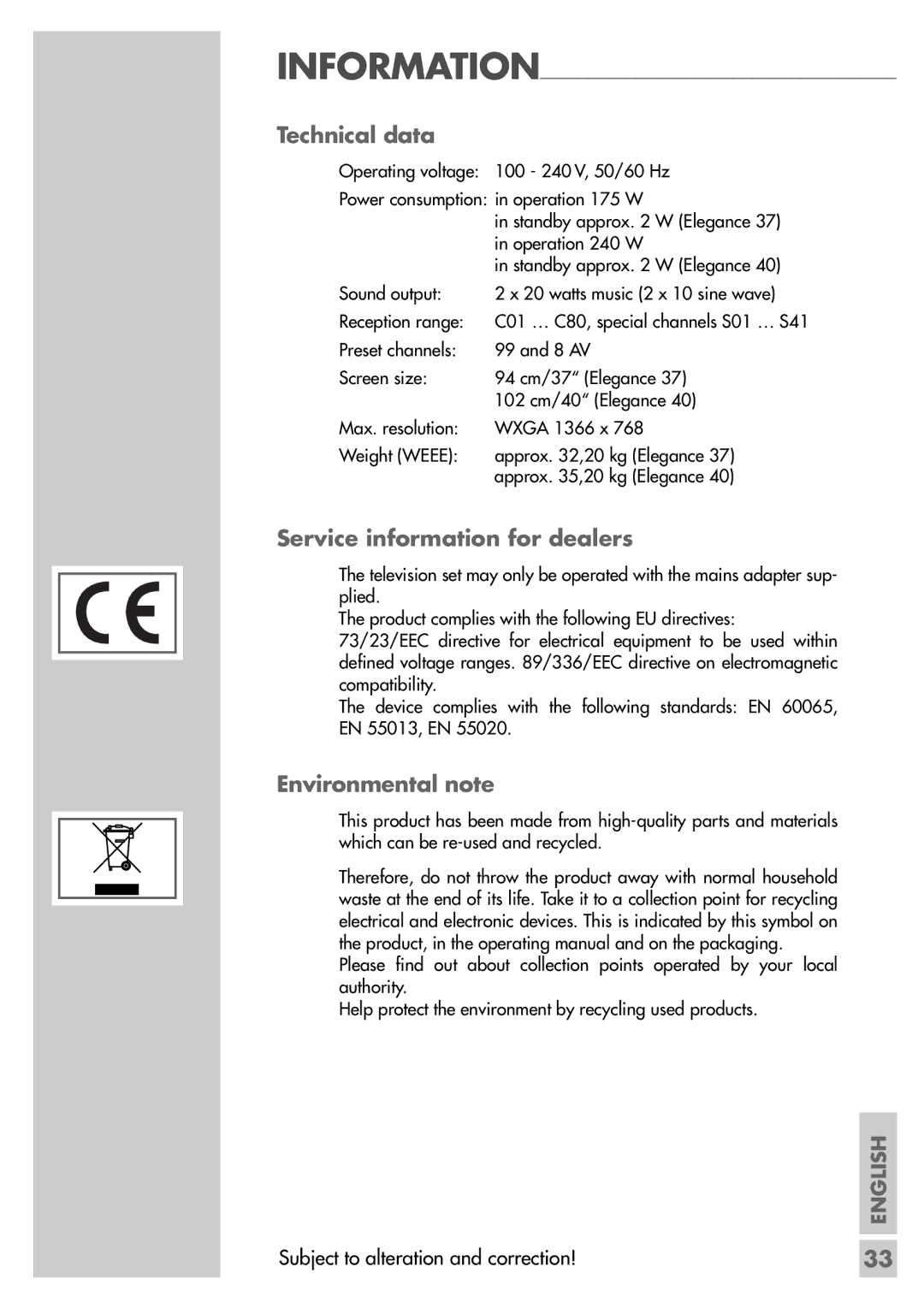 Grundig Elegance 40 LXW 102-8616 Dolby manual Technical data, Service information for dealers, Environmental note 