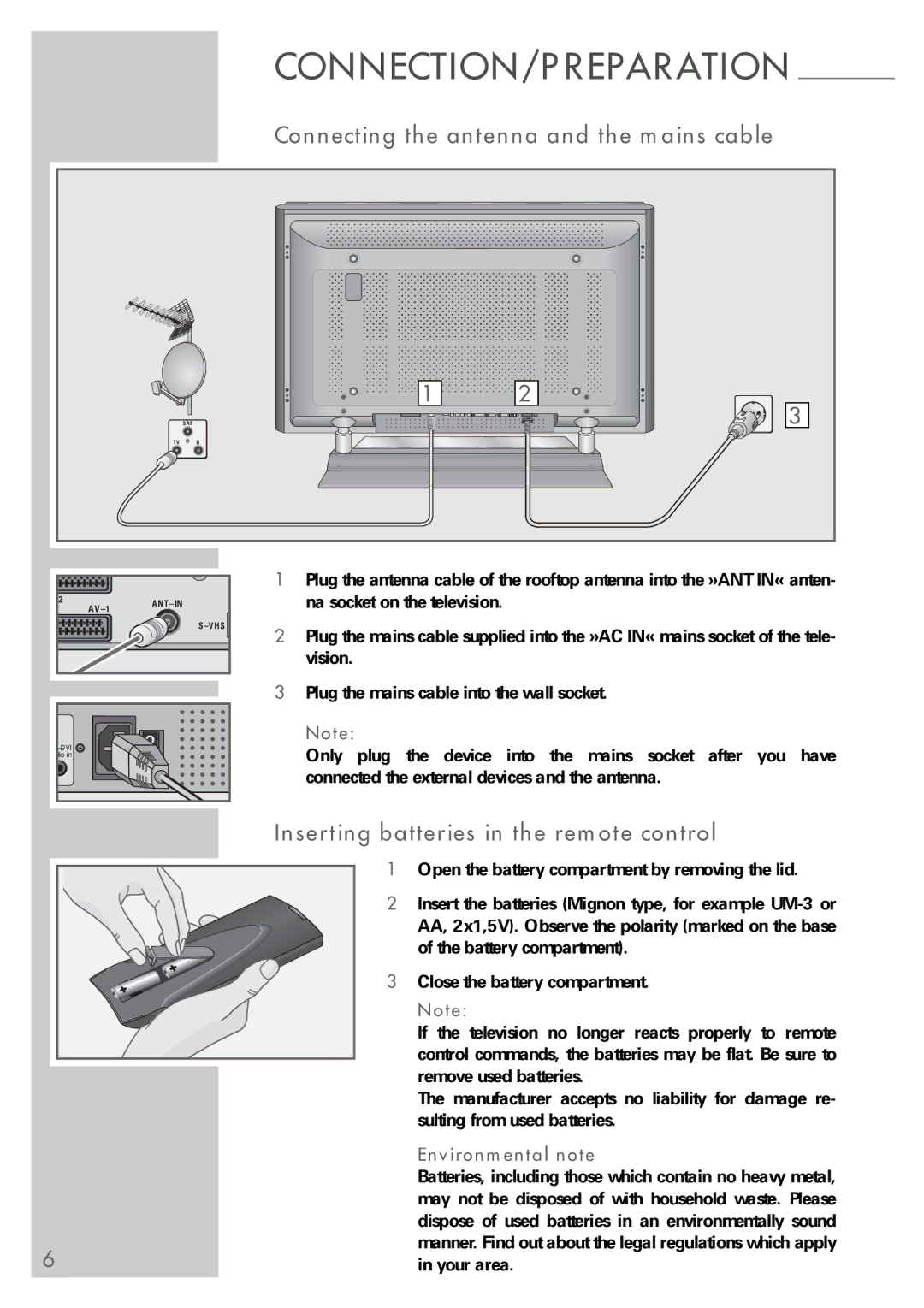 Grundig Elegance 37 LXW 94-8616 Dolby manual Connecting the antenna and the mains cable, Environmental note 