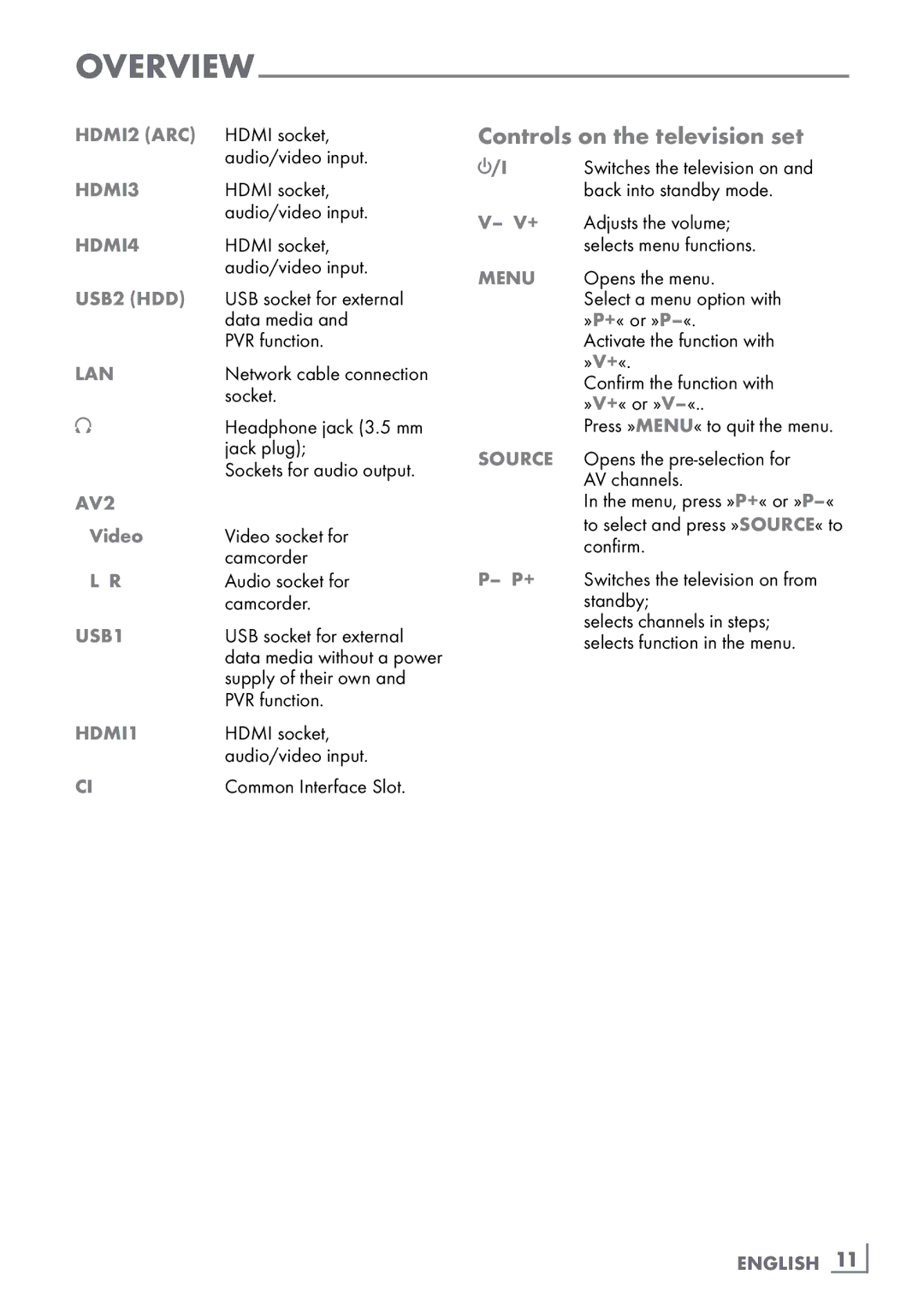 Grundig FineArts 46 FLE 9170 SL manual Controls on the television set, Video, English ­11 