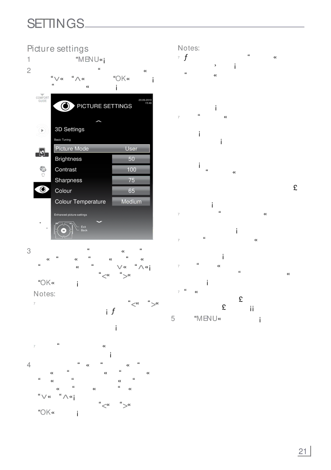 Grundig FineArts 46 FLE 9170 SL manual Picture settings, English ­21 