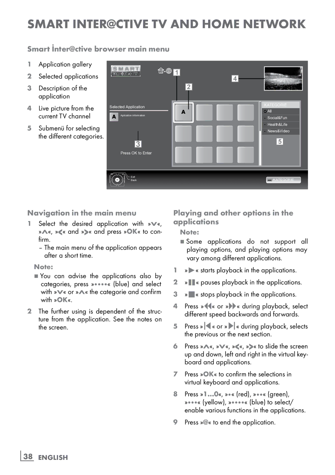 Grundig FineArts 46 FLE 9170 SL manual Smart İnter@ctive browser main menu, Navigation in the main menu, ­38 English 