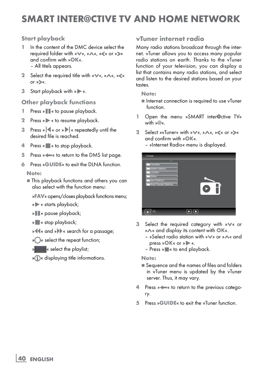 Grundig FineArts 46 FLE 9170 SL manual VTuner internet radio, Start playback, Other playback functions, ­40 English 