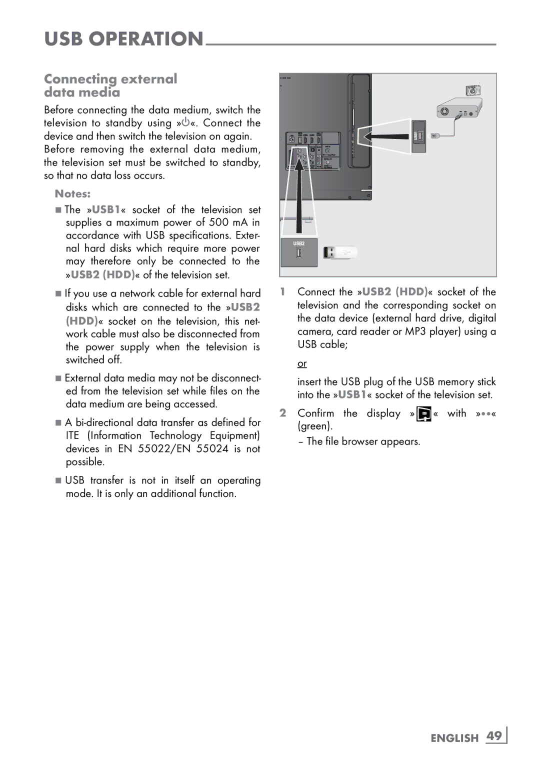 Grundig FineArts 46 FLE 9170 SL manual Connecting external ­ data media, »USB1« socket of the television set, English ­49 