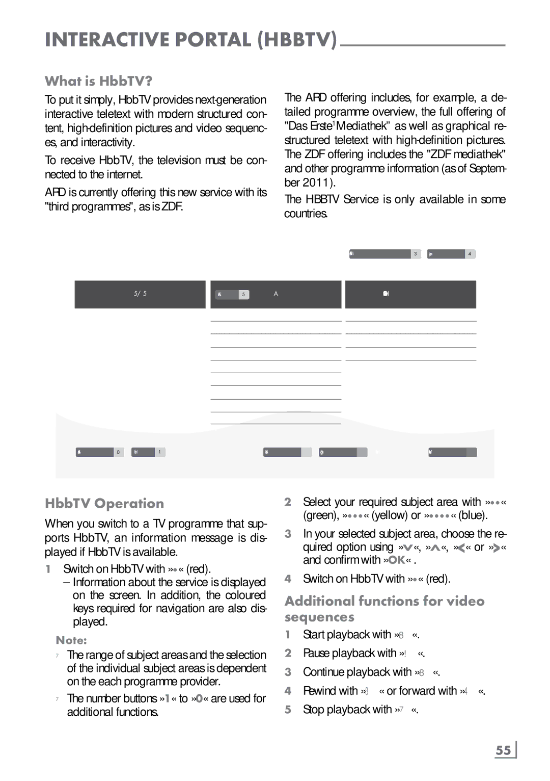 Grundig FineArts 46 FLE 9170 SL What is HbbTV?, HbbTV Operation, Additional functions for video sequences, English ­55 