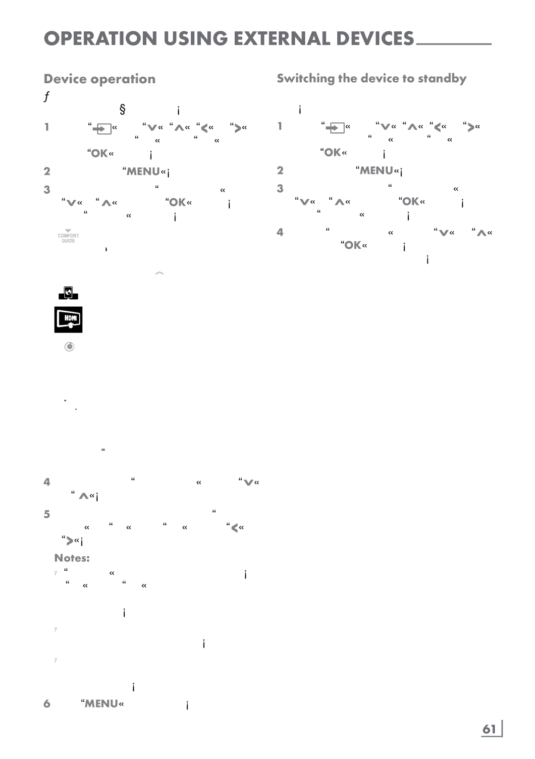 Grundig FineArts 46 FLE 9170 SL manual Device operation, Switching the device to standby, English ­61 