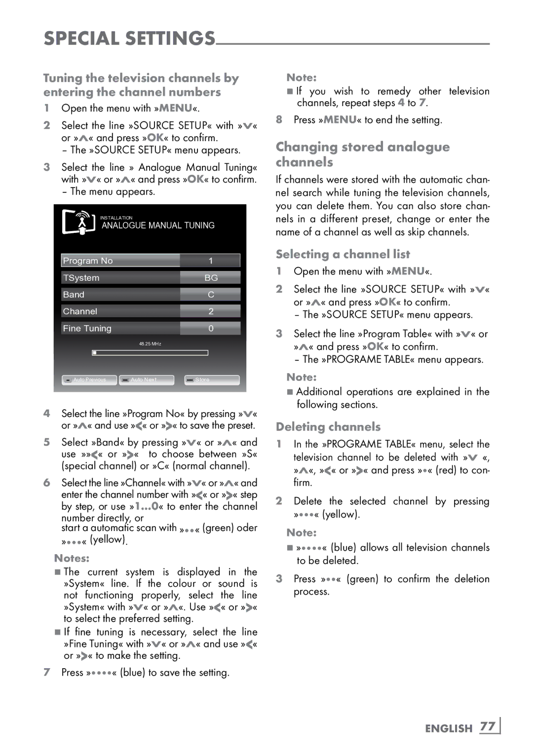 Grundig FineArts 46 FLE 9170 SL manual Changing stored analogue channels­, Selecting a channel list, English 77­ 