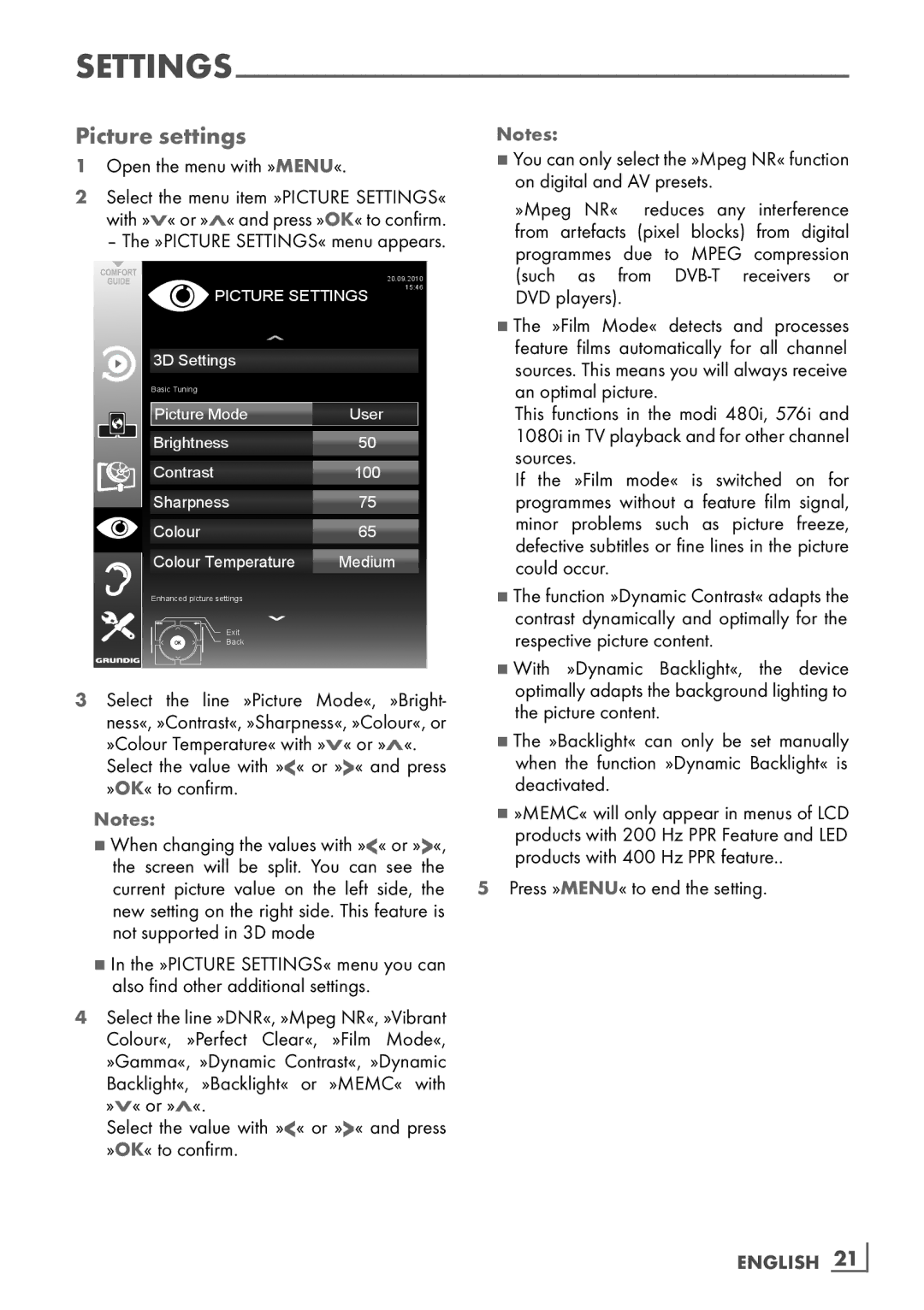 Grundig FLE 9170 SL manual Picture settings, English ­21 