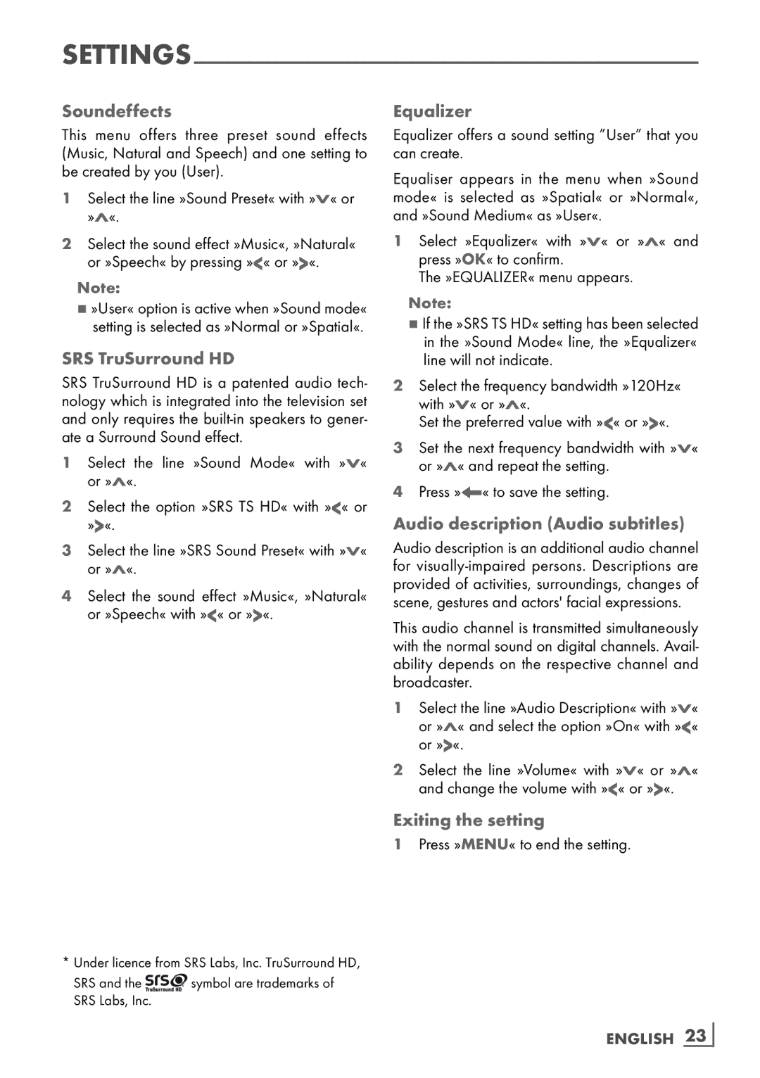 Grundig FLE 9170 SL Soundeffects, SRS TruSurround HD, Equalizer, Audio description Audio subtitles, Exiting the setting 