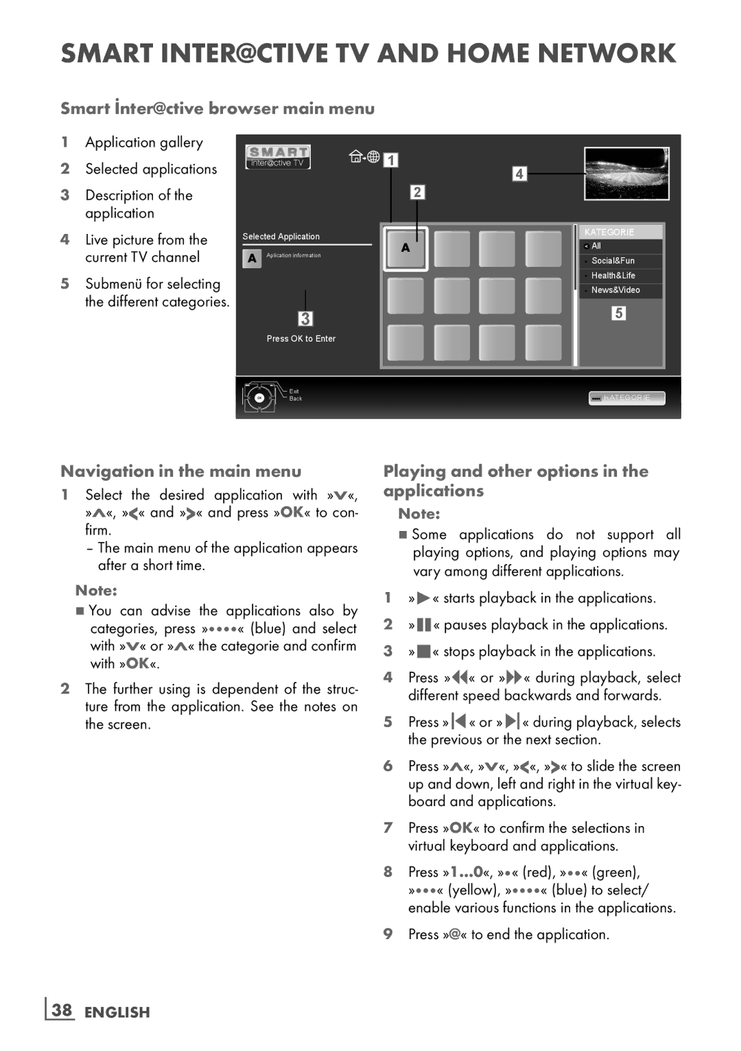 Grundig FLE 9170 SL Smart İnter@ctive browser main menu, Navigation in the main menu, Press »@« to end the application 