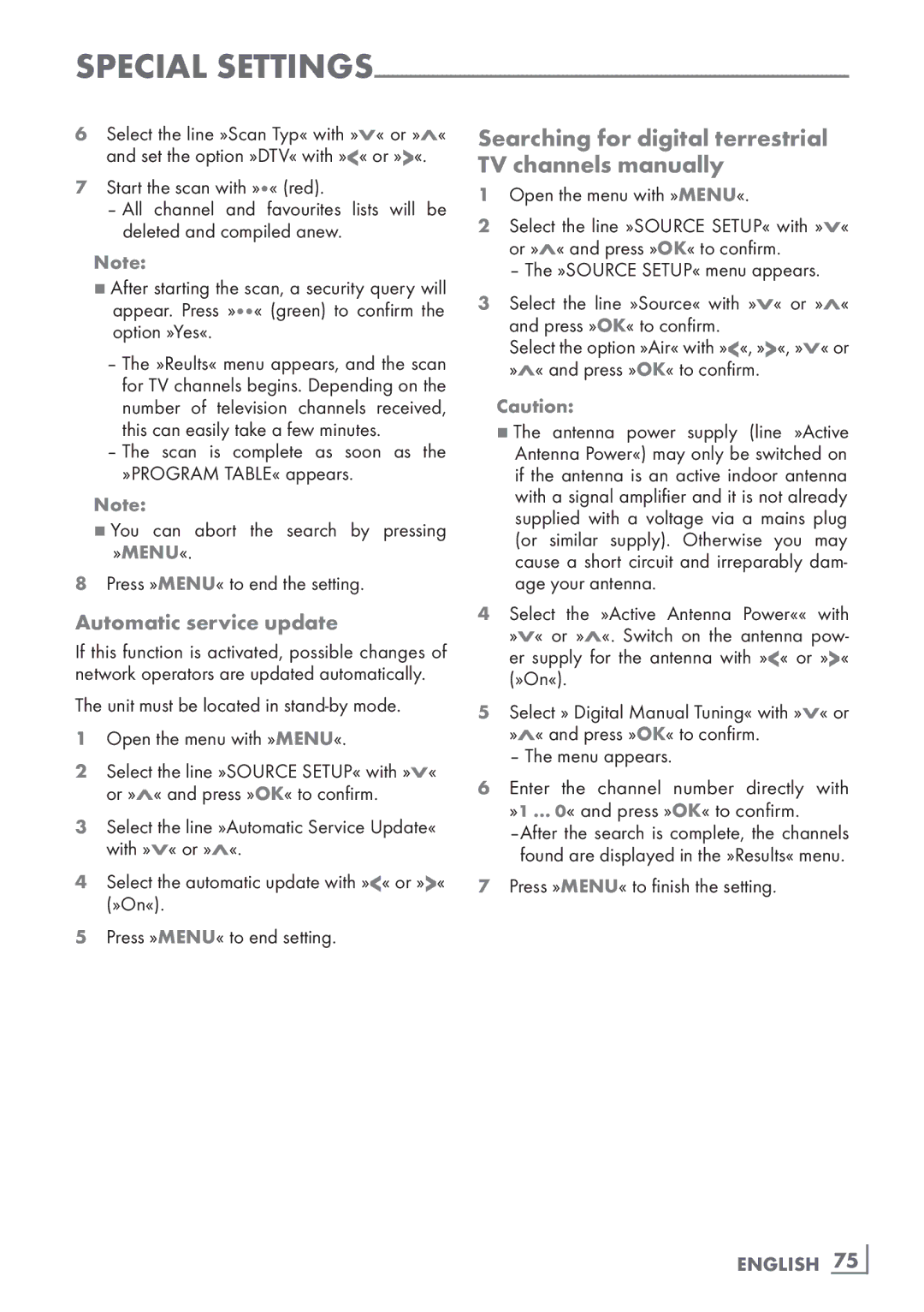 Grundig FLE 9170 SL Searching for digital terrestrial TV channels manually, Automatic service update, English ­75 