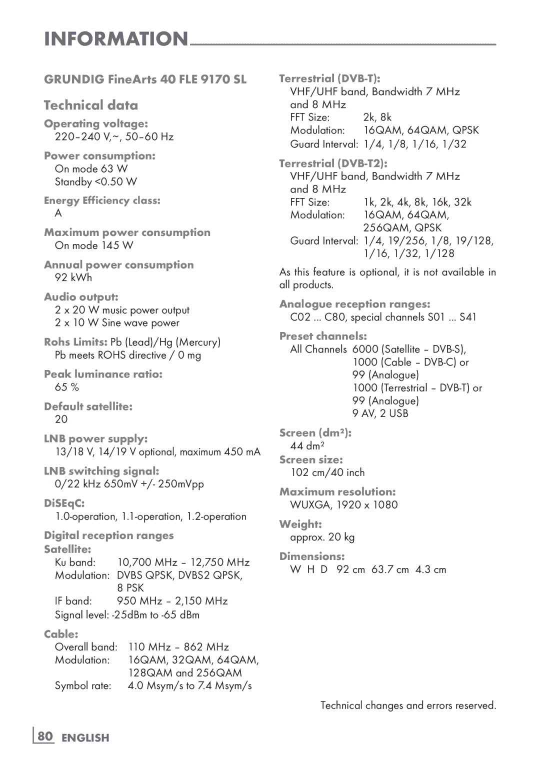 Grundig manual Technical data, Grundig FineArts 40 FLE 9170 SL, ­80 English 