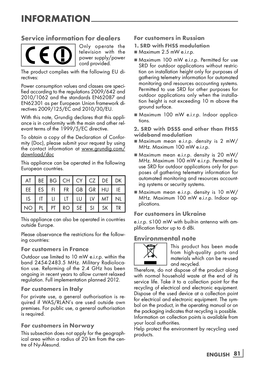 Grundig FLE 9170 SL manual Service information for dealers, Environmental note 