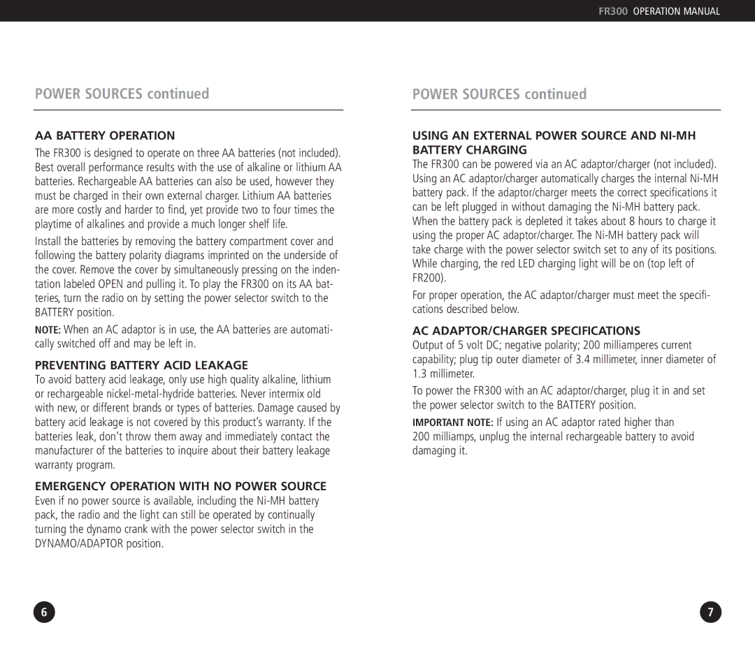 Grundig FR 300 Power Sources, AA Battery Operation, Preventing Battery Acid Leakage, AC ADAPTOR/CHARGER Specifications 