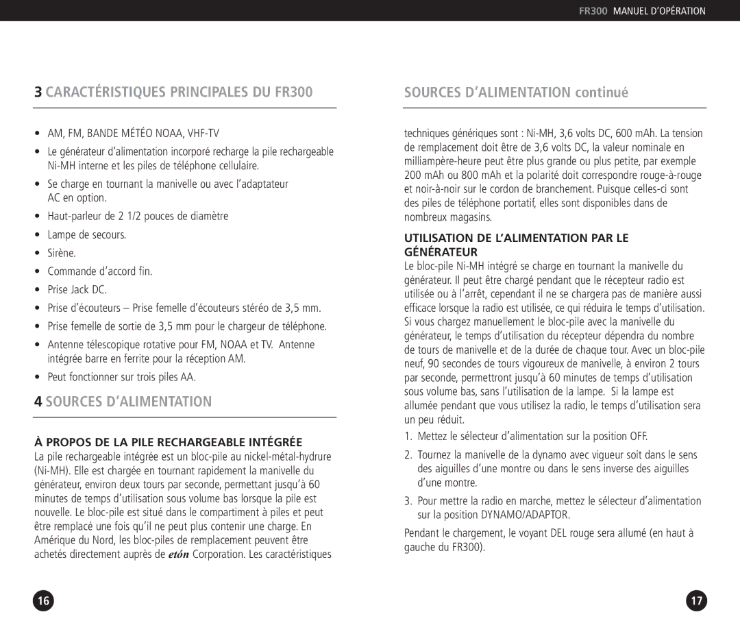 Grundig FR 300 operation manual Caractéristiques Principales DU FR300, Sources D’ALIMENTATION continué 