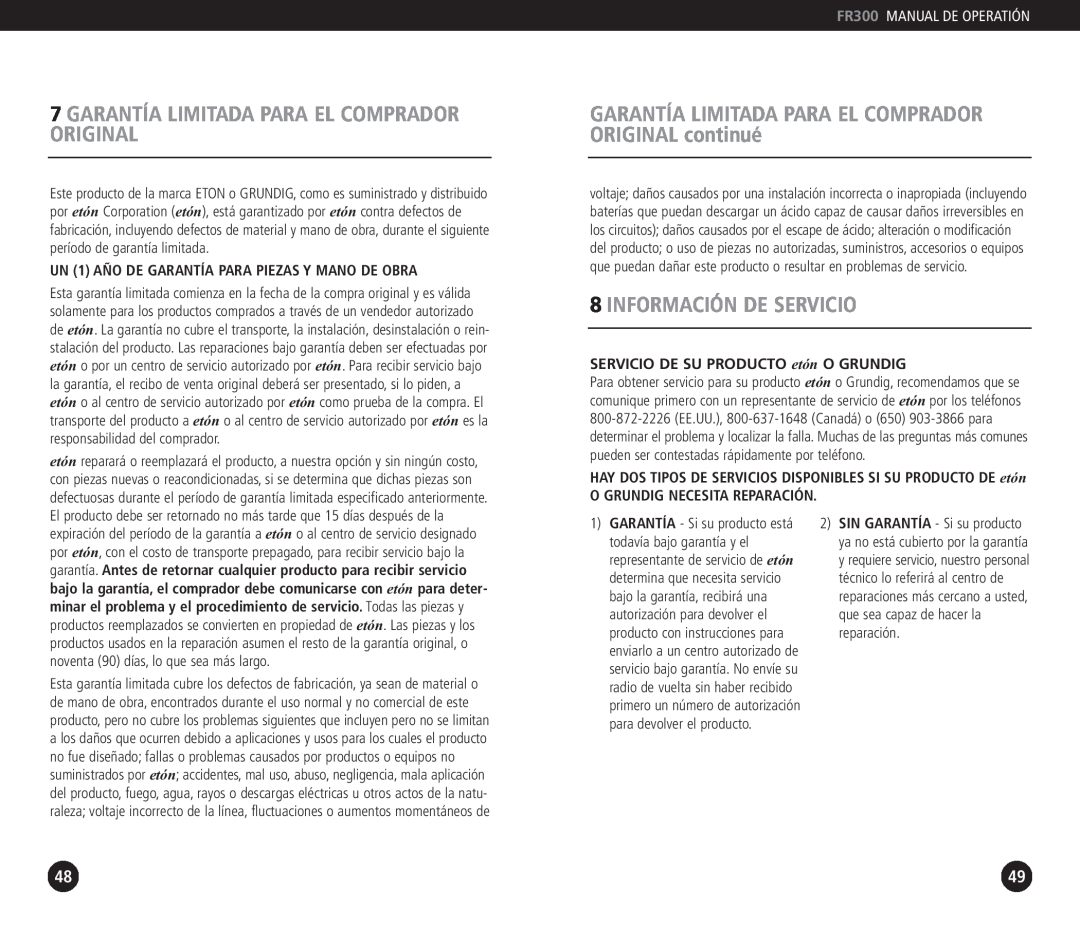 Grundig FR 300 Garantía Limitada Para El Comprador Original, Información De Servicio, FR300 MANUAL DE OPERATIÓN 
