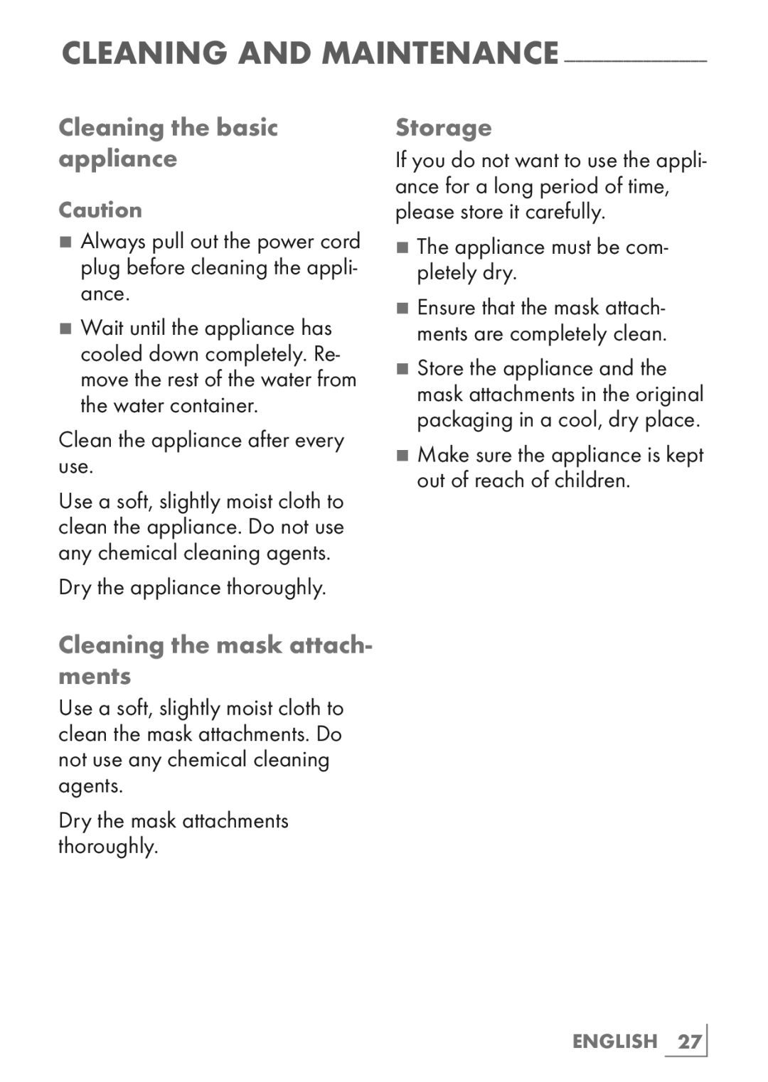 Grundig FS 4820 manual Cleaning the basic appliance, Storage, Cleaning the mask attach- ments 