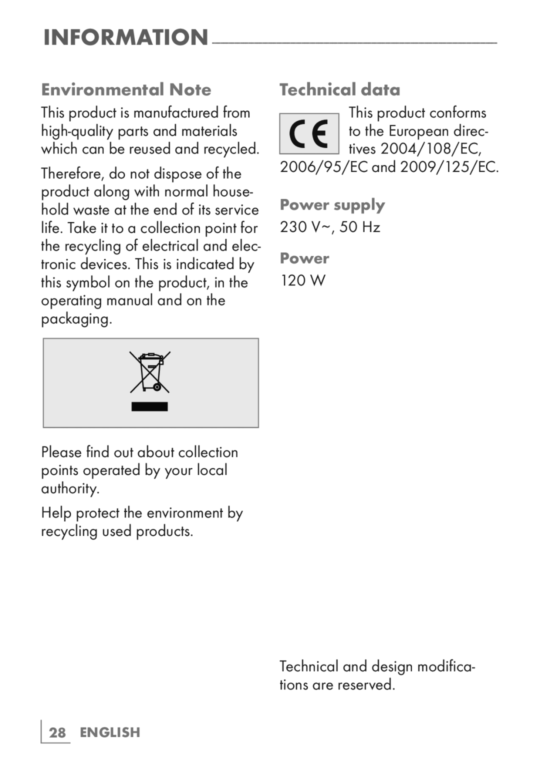 Grundig FS 4820 manual Environmental Note, Technical data, Power supply 