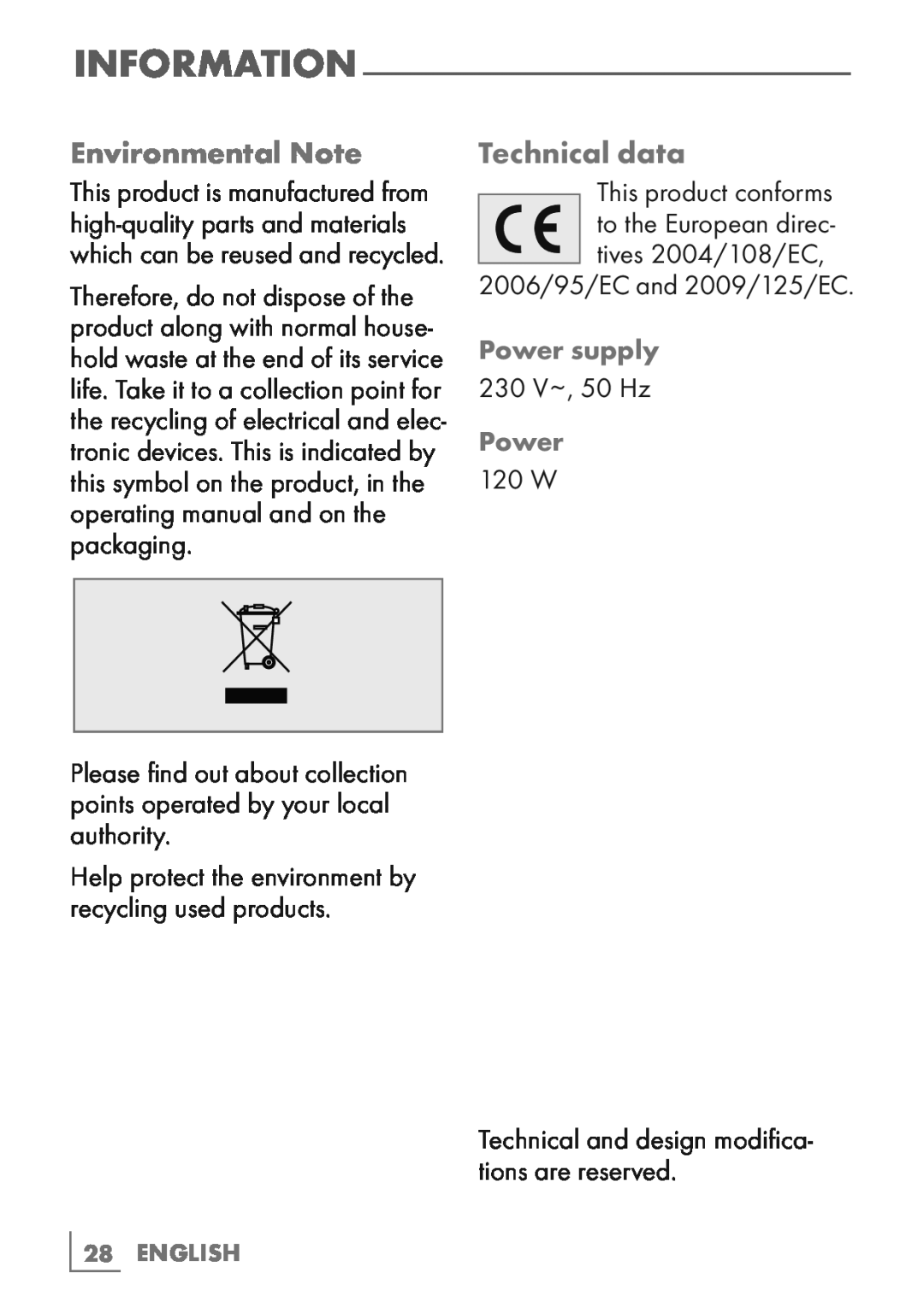 Grundig FS 4820 manual Environmental Note, Technical data, Power supply, English 