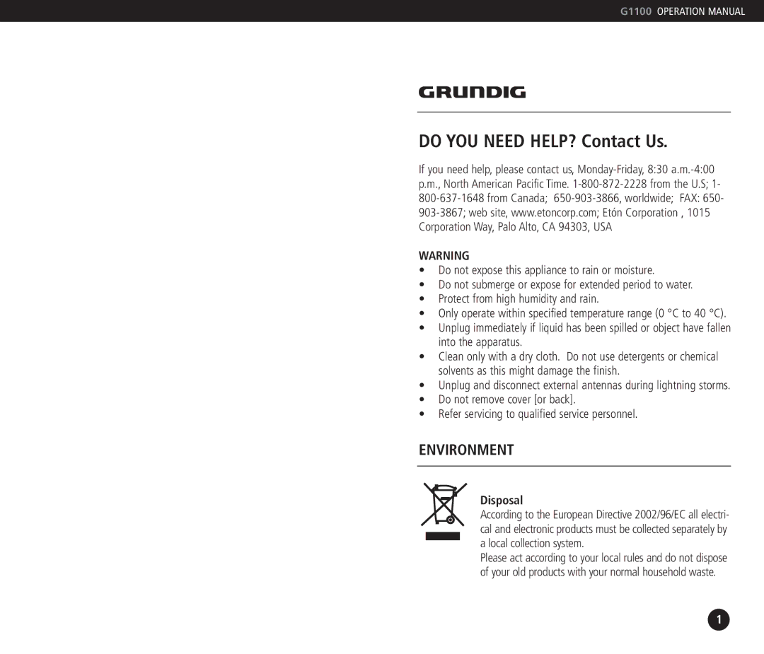 Grundig G1100 operation manual Do YOU Need HELP? Contact Us 