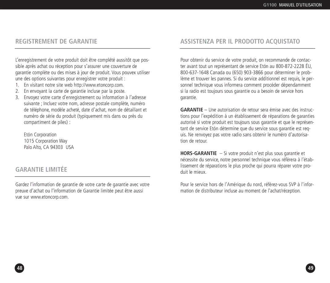 Grundig G1100 operation manual Registrement DE Garantie, Garantie Limitée Assistenza PER IL Prodotto Acquistato 