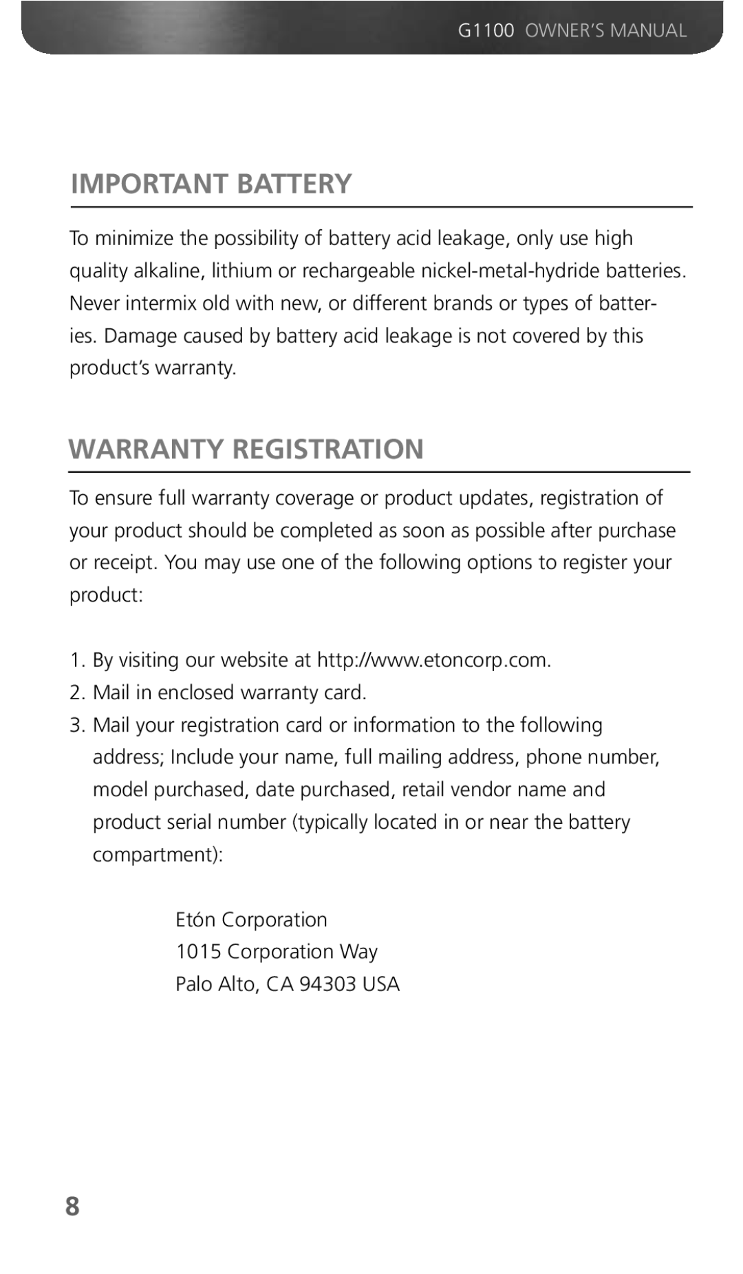 Grundig G1100 owner manual Important Battery, Warranty Registration 