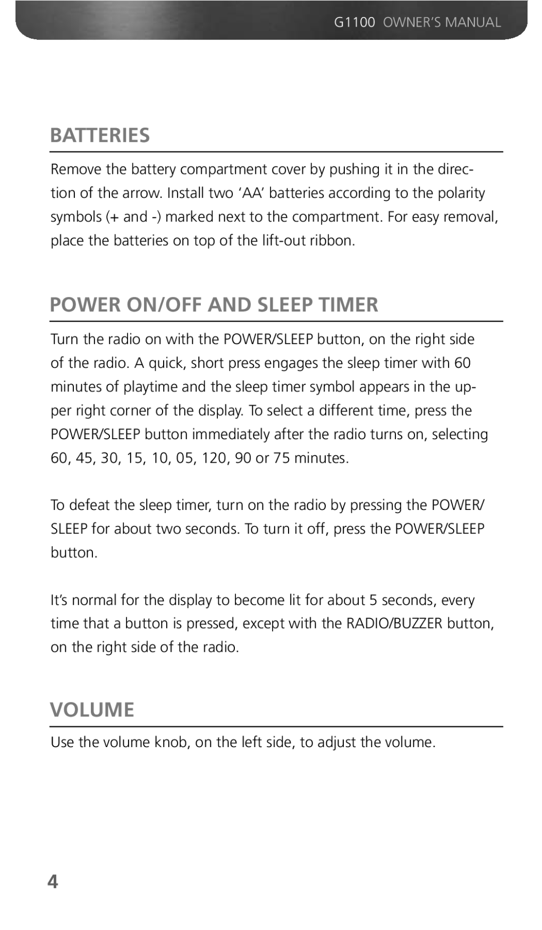 Grundig G1100 owner manual Batteries, Power ON/OFF and Sleep Timer, Volume 