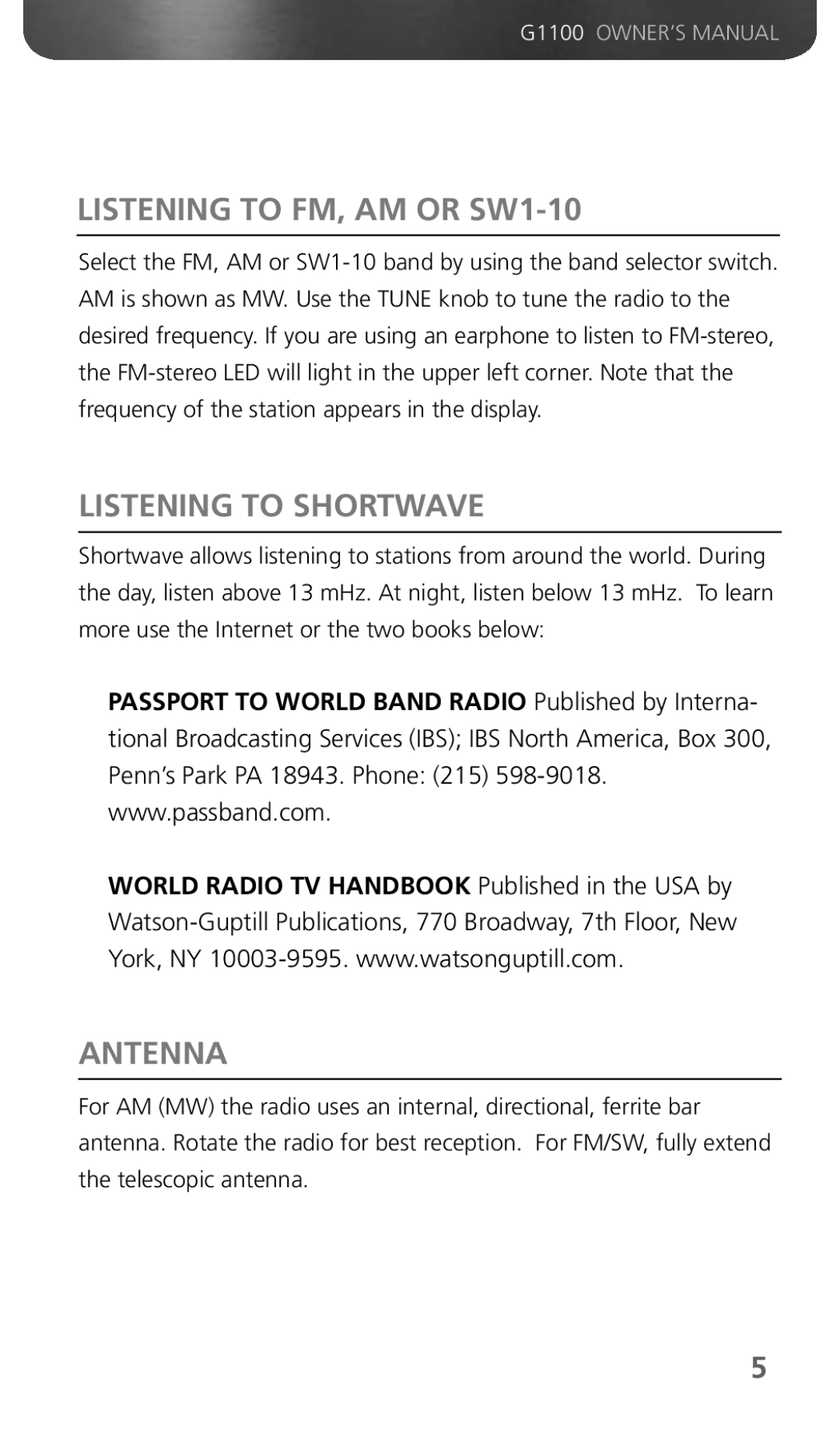 Grundig G1100 owner manual Listening to FM, AM or SW1-10, Listening to Shortwave, Antenna 