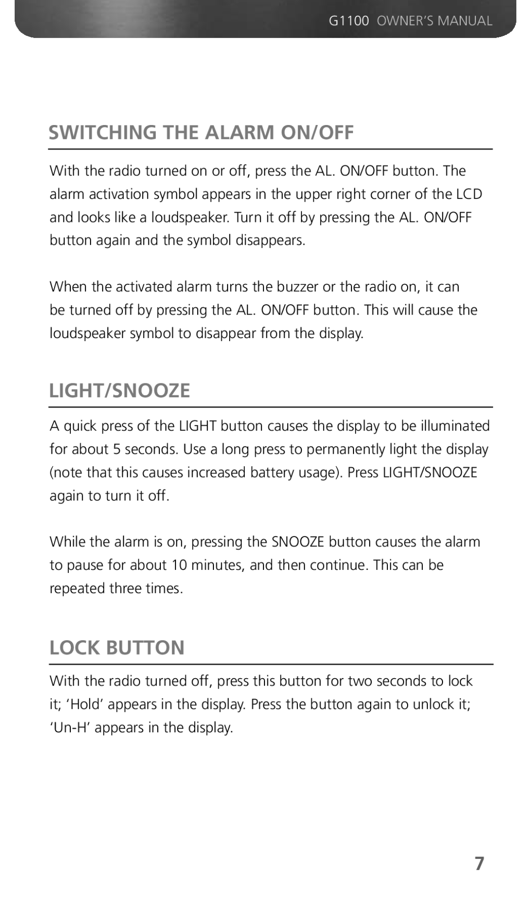 Grundig G1100 owner manual Switching the Alarm ON/OFF, Light/Snooze, Lock Button 