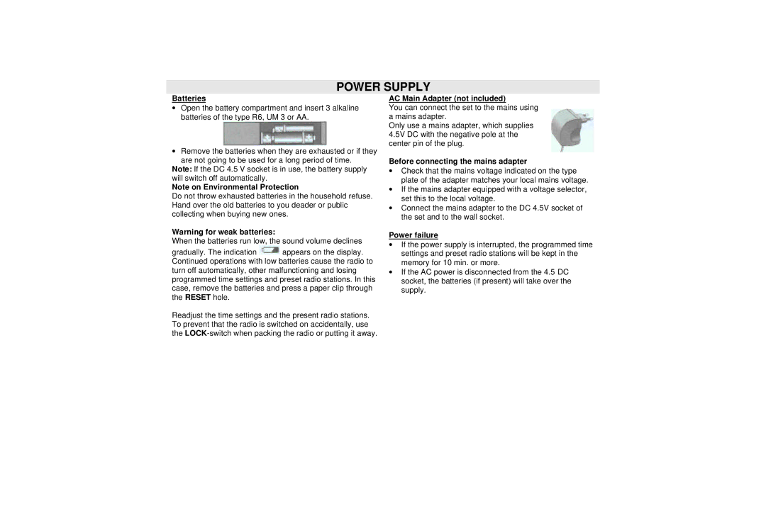 Grundig G2000A manual Power Supply, AC Main Adapter not included, Before connecting the mains adapter, Power failure 