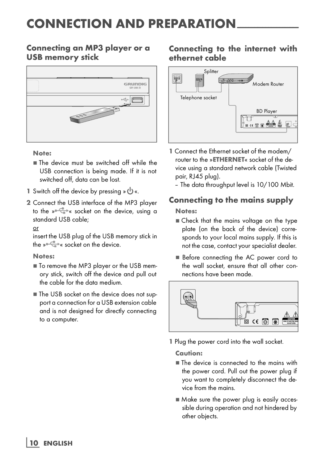 Grundig GBP 6000 2D manual Connecting an MP3 player or a USB memory stick, Connecting to the internet with ethernet cable 