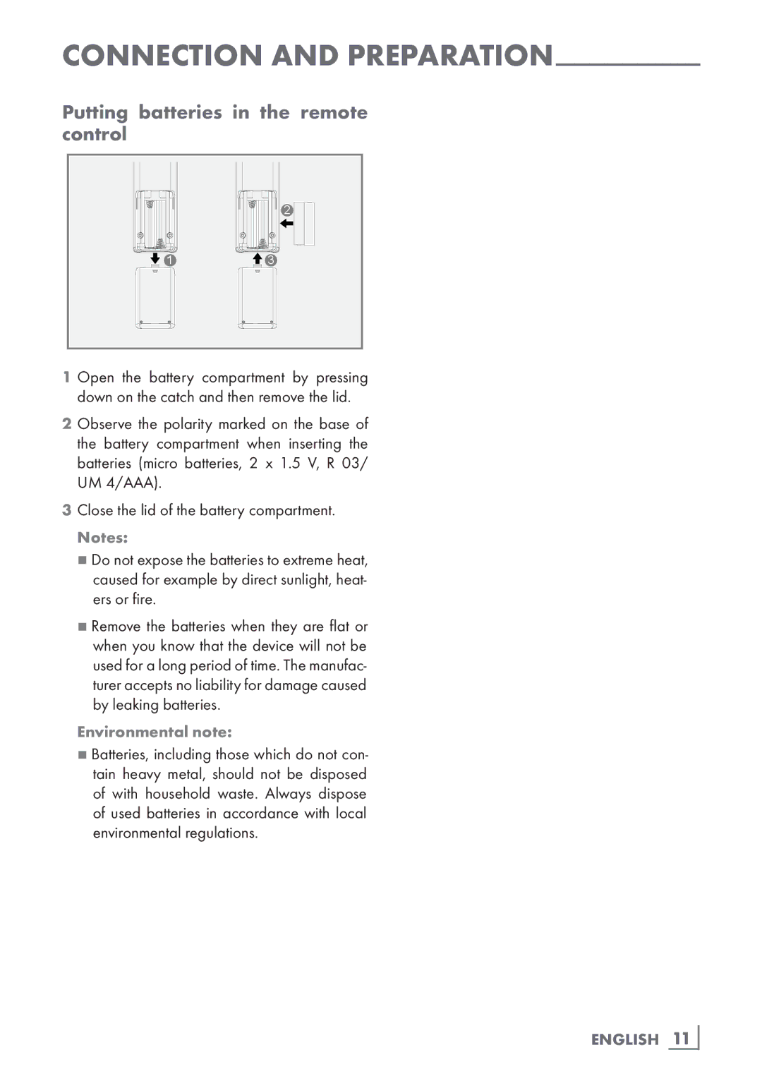 Grundig GBP 6000 2D manual Putting batteries in the remote control, English 11­ 