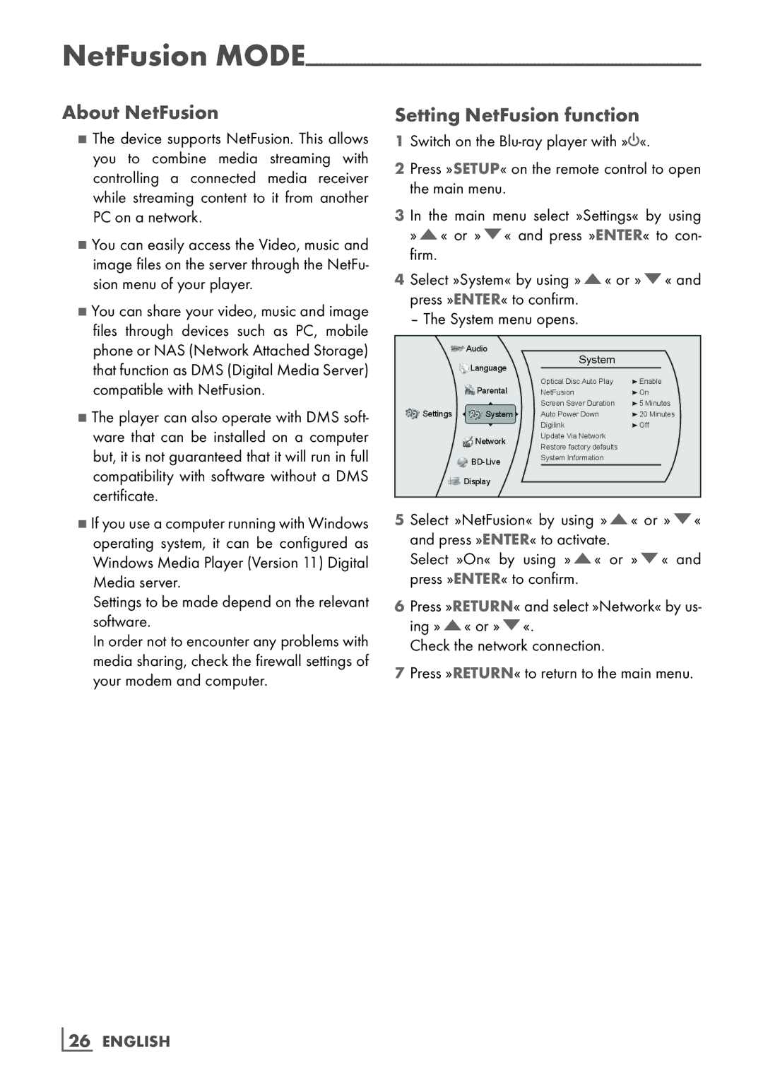 Grundig GBP 6000 2D manual About NetFusion, Setting NetFusion function, 26­ English 